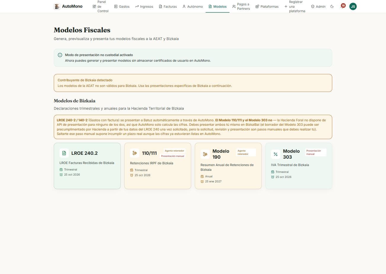 Pantalla de modelos fiscales con los modelos de Bizkaia (LROE 240.2, 110/111, Modelo 190 y Modelo 303), cada uno con su periodicidad y su fecha límite.