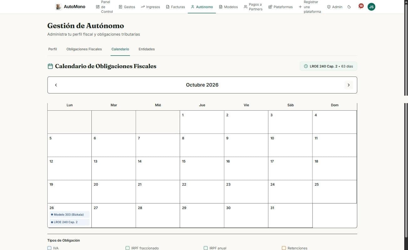 Calendario mensual de obligaciones fiscales mostrando octubre de 2026, con las obligaciones marcadas en su día de vencimiento.