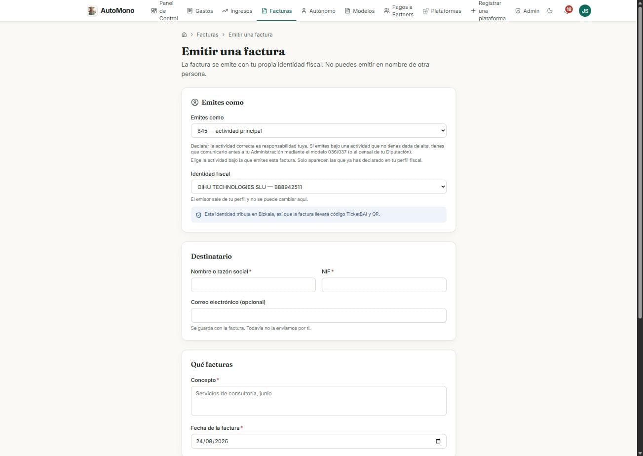 Formulario de emisión de factura, con la identidad fiscal del emisor, la actividad declarada, los datos del destinatario y el concepto.